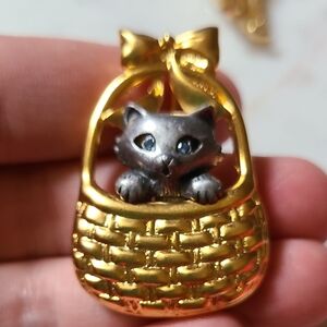 Cat In A Basket Vintage Brooch